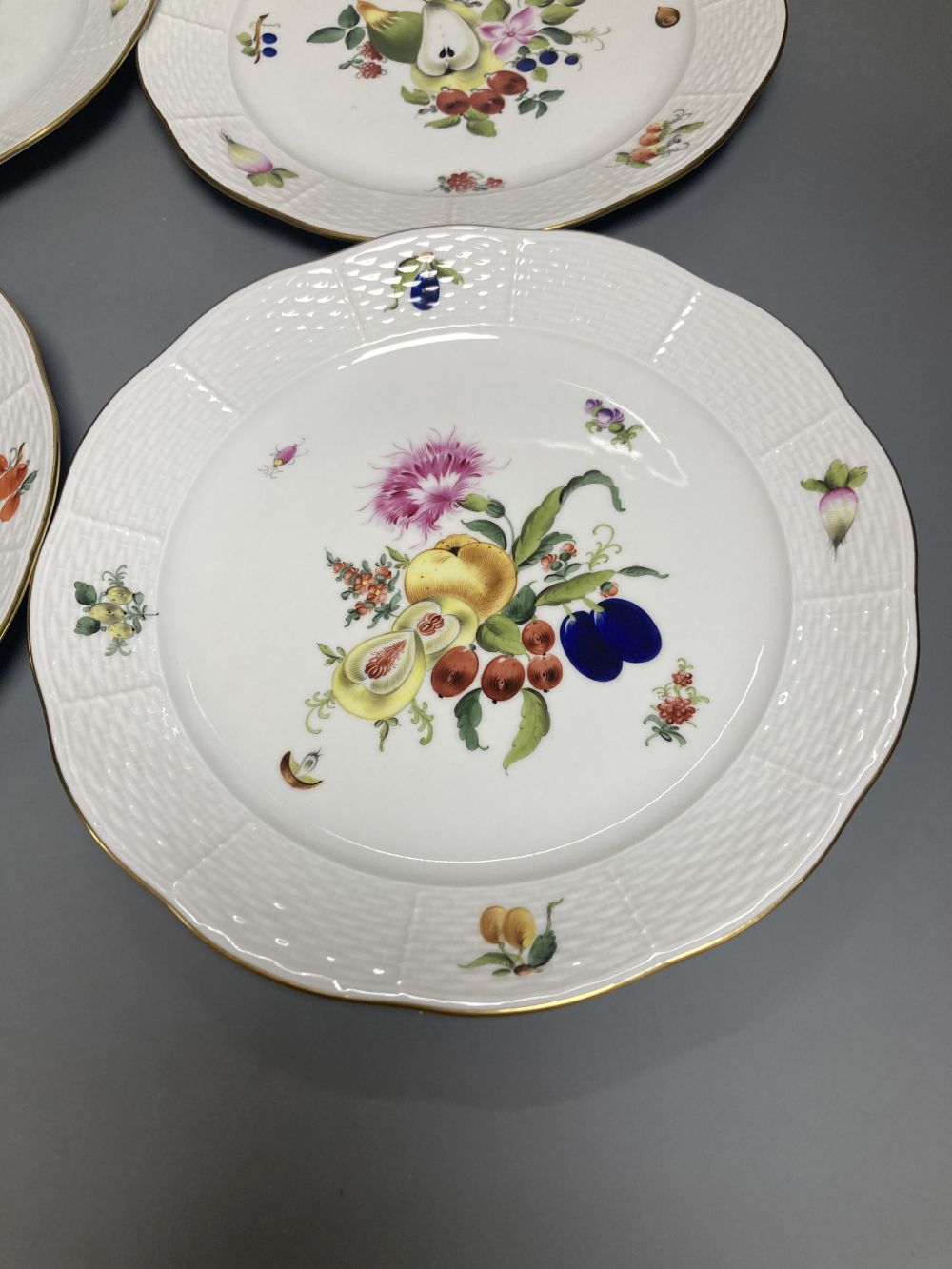 A set of four Herend Meissen style floral painted dessert dishes, diameter 25.5cm - Image 2 of 5