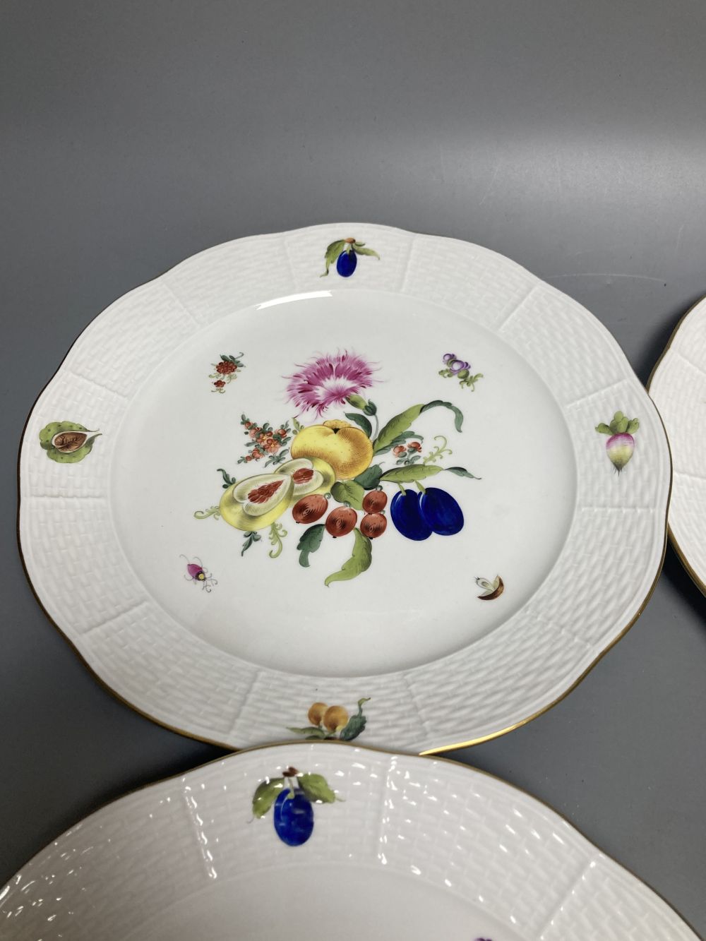 A set of four Herend Meissen style floral painted dessert dishes, diameter 25.5cm - Image 4 of 5