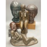 Five bronzed plaster and resin figures / busts, seated lady 39cm