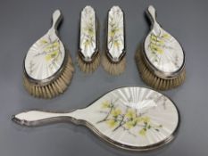 A 1950's silver and enamel five piece mirror and brush set, S.J Rose & Son, London, 1954.