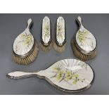 A 1950's silver and enamel five piece mirror and brush set, S.J Rose & Son, London, 1954.