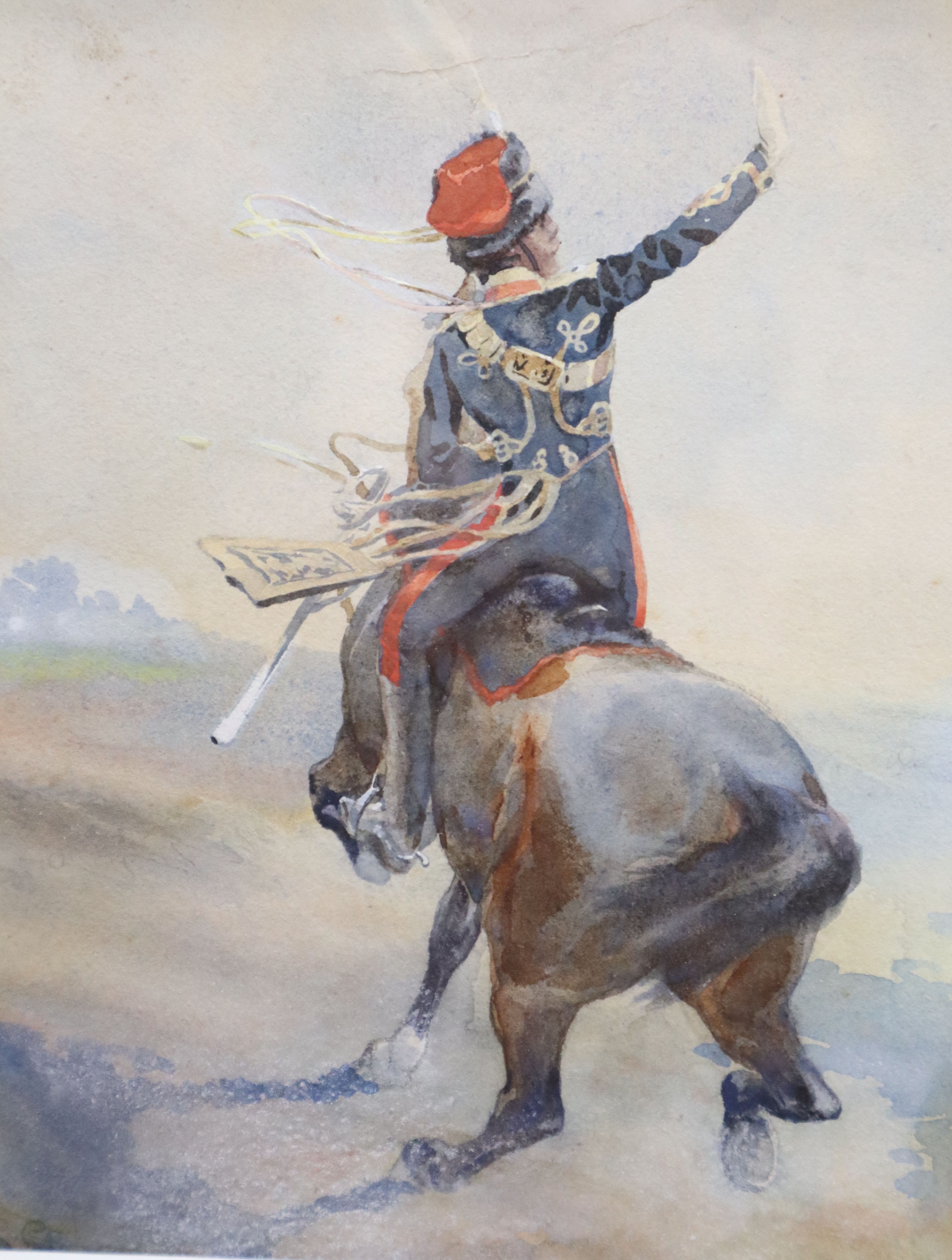 George Clark (1832-1894), pair watercolours, Hussars on horseback, signed - Image 3 of 3
