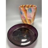 A Murano scrambled glass vase, height 25.5cm and an amethyst tinted shallow glass bowl, diameter