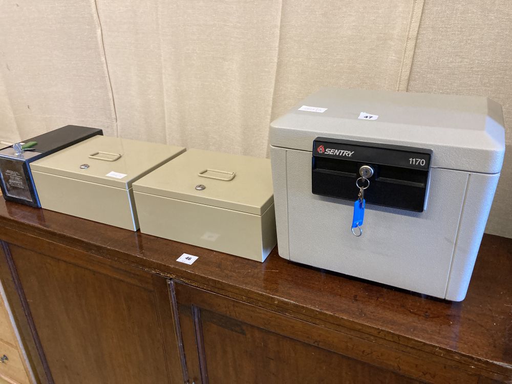 Four metal strongboxes and a document box