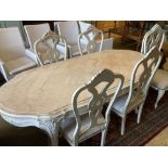 A Louis XV-style cream painted dining table, width 204cm, depth 90cm, height 76cm and six chairs