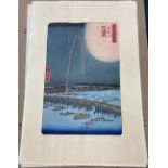 Two Japanese woodblock prints, Fireworks and Lantern in the snow, 37 x 25cm, unframed