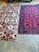 A red ground Hamadan rug and a Kelim rug, larger 210 x 130cm