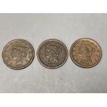 United States of America, 3 One Cents, 1838 Coronet Head, F, 1846 Braided hair, GVF and 1848 Braided