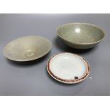 A Chinese Longquan celadon bowl, Song dynasty, 16cm, a conical celadon dish and a seal paste box