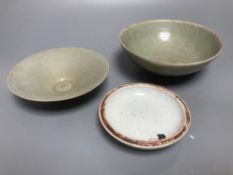 A Chinese Longquan celadon bowl, Song dynasty, 16cm, a conical celadon dish and a seal paste box