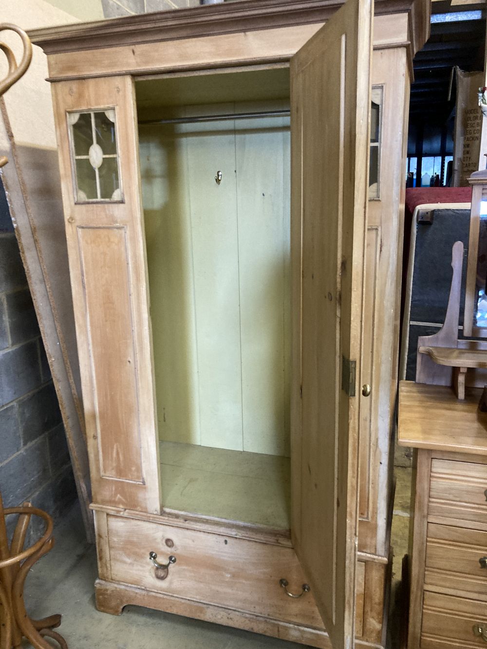 An Edwardian pine mirrored wardrobe, width 110cm, depth 54cm, height 198cm, together with a late - Image 2 of 2