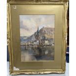 Louis Burleigh Bruhl (1861-1942)watercolour,View of Dinant,signed,48 x 35cm