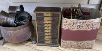 An Indian brass mounted miniature chest, width 26cm, and a quantity of Eastern metalware