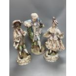 A pair of Wessel Frankenthal figures, 26cm, and a French bisque gallant, 29cm