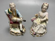 A pair of Meissen figures in 18th century dress, height 13cm
