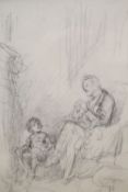 Joseph Clark (1834-1912), pencil drawing, Figures beside the hearth, 22 x 15cm