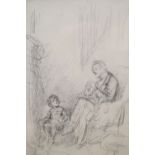 Joseph Clark (1834-1912), pencil drawing, Figures beside the hearth, 22 x 15cm