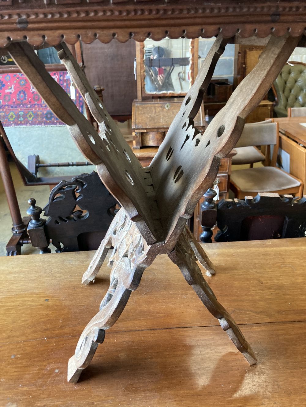 A WWI Sino-Burmese carved teak tray on folding stand, carved with the badges of the RFC, the RA - Image 3 of 4