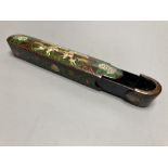 A Chinese scroll holder and a papier mache pen box, 22cm