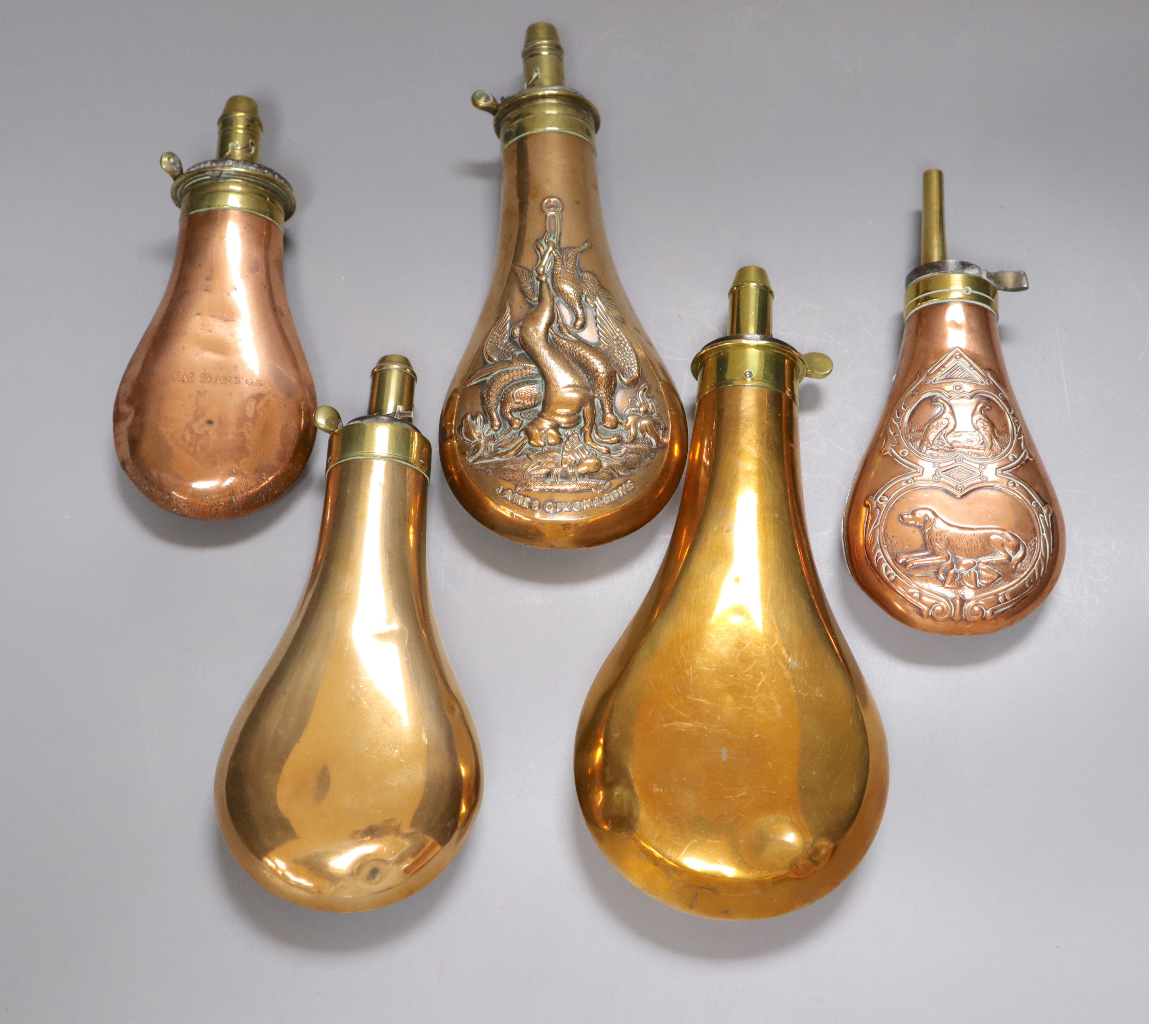 Five Victorian copper powder flasks, with brass mounts, largest 23cm - Image 2 of 2