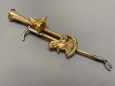 An Edwardian 9ct & white metal, riding crop, horse head and horseshoe bar brooch, 56mm, gross 2.7