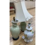 A pair lime-green glazed table lamps, 38cm, one with shade and one other earthenware lamp