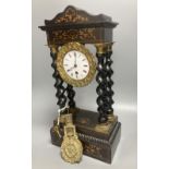 A 19th century French portico ebonised mantel clock, enamelled dial and timepiece movement, gridiron