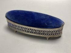 A navette-shaped silver trinket box with fretwork sides and hinged pin cushion top, Birmingham 1900,