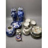 Two Chinese blue and white baluster jars and covers, a ginger jar, a bowl, etc., all early 20th