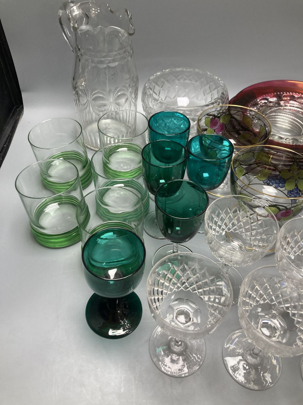 A collection of clear and coloured glassware, including four green bowled wines, vine etched - Image 3 of 5