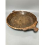 A carved elm two handled serving dish, carved from the solid, 42cm