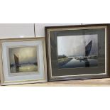 Hannaford Jnr, two watercolours, Sail barges on the broads, signed, largest 35 x 43cm