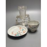 A Japanese Kakiemon dish, 17th century, a similar wine cup, 18th century and a Chinese glass vase