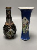 A Chinese powder blue ground vase and a similar cloisonne bottle vase, height 15cm