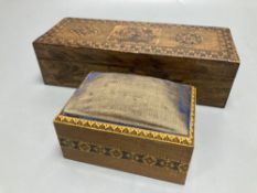 A Tunbridge ware box, width 24cm, and a Tunbridge ware pin cushion