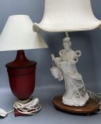 A Chinese blanc de chine porcelain table lamp, modelled as Guanyin, 65cm high including shade and