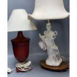 A Chinese blanc de chine porcelain table lamp, modelled as Guanyin, 65cm high including shade and