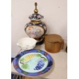 A large Chinese style baluster table lamp, a Wedgwood bowl and painted pottery dish (3)