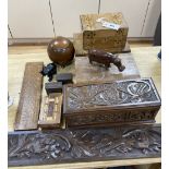 Three inlaid wooden boxes, a carved oak box, two cribbage boards and sundry treen, 19th/20th