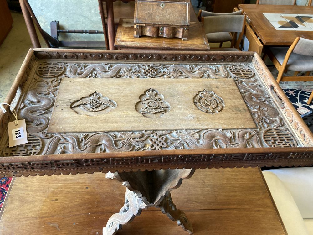 A WWI Sino-Burmese carved teak tray on folding stand, carved with the badges of the RFC, the RA - Image 2 of 4