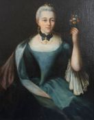 18th century French Schooloil on canvas laid on boardPortrait of a lady holding a bouquet of