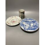 An 18th century Chinese famille rose plate together with a Chinese blue and white plate and a