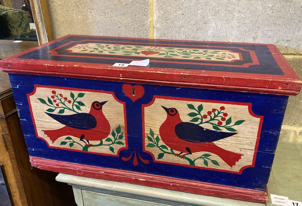 A painted pine box, width 63cm, depth 31cm, height 30cm