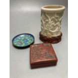 A Chinese cinnabar lacquer box, a carved ivory Chinese brush pot, 14cm and a cloisonne dish