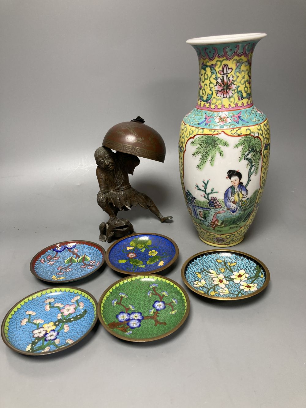 A Chinese famille rose vase, a spelter figure of Liu Hai, 17cm and five cloisonne dishes