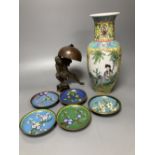 A Chinese famille rose vase, a spelter figure of Liu Hai, 17cm and five cloisonne dishes