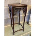 A Chinese carved hardwood square topped stand, width 23cm, height 56cm