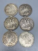 Great Britain, six silver crowns - 1820, VG, 1845, cinquefoil stops, F and 1821, 1845, 1889, 1892