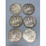 Great Britain, six silver crowns - 1820, VG, 1845, cinquefoil stops, F and 1821, 1845, 1889, 1892