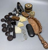 A quantity of collectables including ivory aide memoires, a circular quill box, etc.